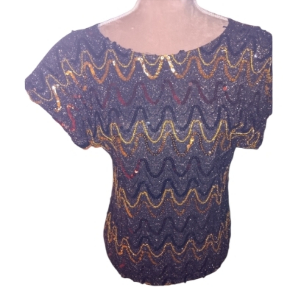 Joanna ~ Vintage 70s–80s Black & Gold Sequin Blouse | Shoulder Pads